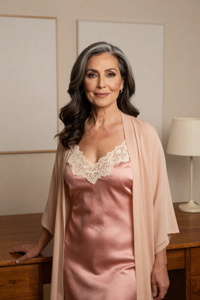 FuliNCapital muse in rose silk slip dress beside the blank type boards